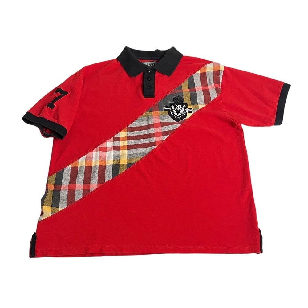 Y2K KB8782 Polo Shirt Mens XL Red Plaid Colorblock Crest Streetwear Preppy Retro